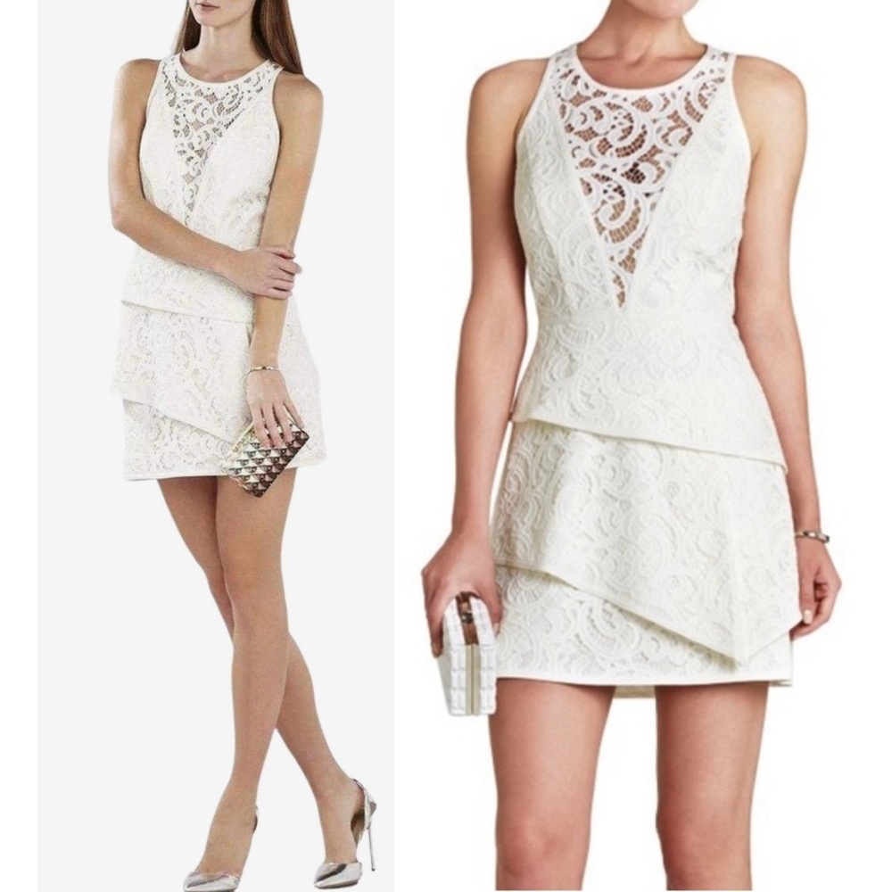 BCBG White Hannah Sleeveless Asymmetrical Lace Cocktail Mini Dress Size 2 NEW